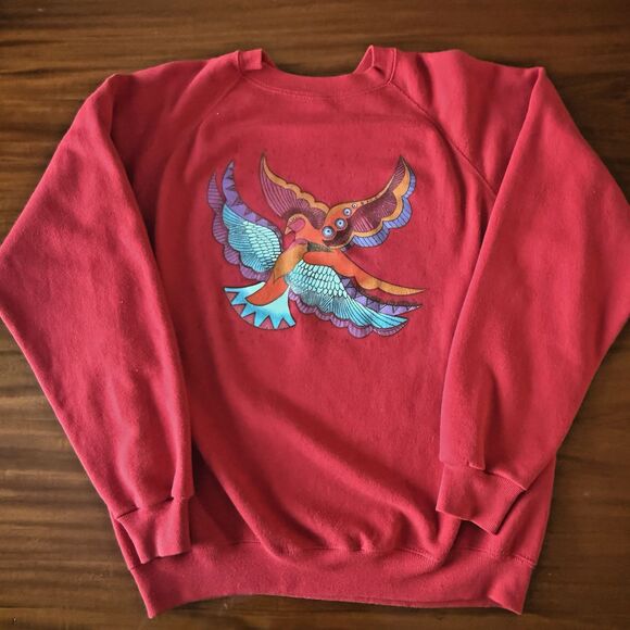 Laurel Burch Birds Crew Sweatshirt XL Pullover Red Hanes Vintage 90s Made in USA - Picture 2 of 7